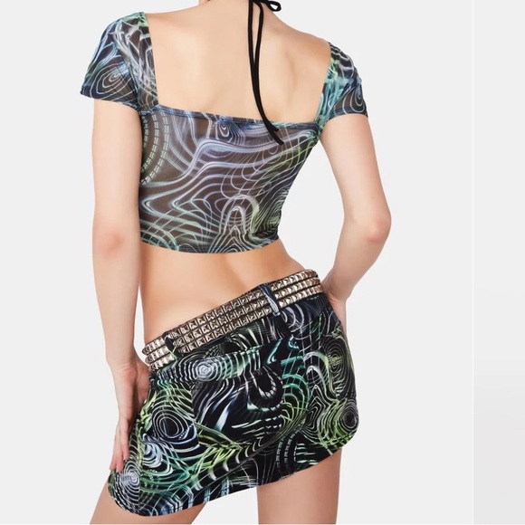 Horoscope X Dolls Kill Green Black Pulse Effect Denim Mini Skirt & Corset NWT M - Picture 5 of 16